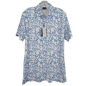 Dunning Golf Polo Shirt Mens Small White Blue Abstract Geometric Print Stretch